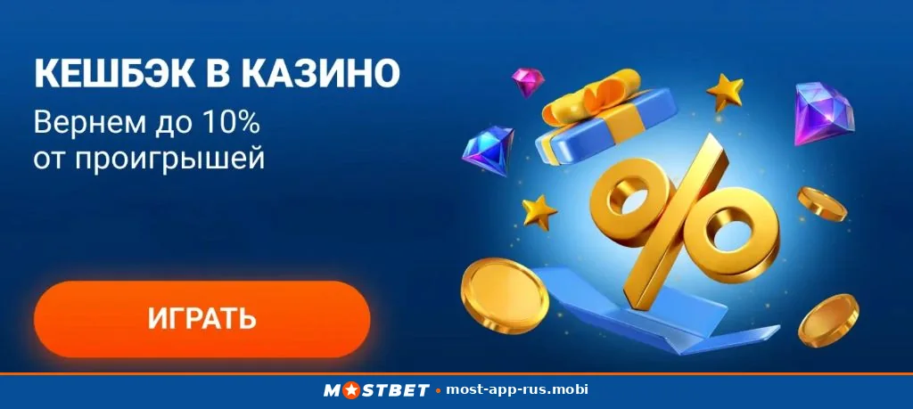 Кэшбэк в казино Mostbet до 10 % от проигрышей